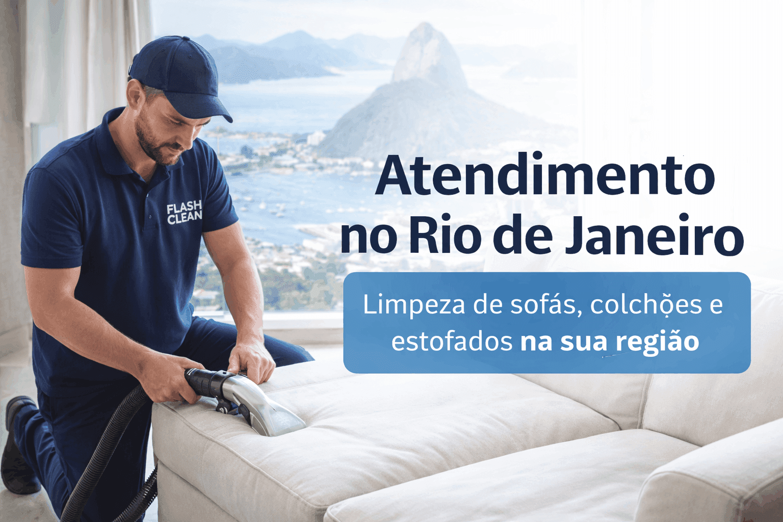 Profissional realizando limpeza de sofá em apartamento no Rio de Janeiro