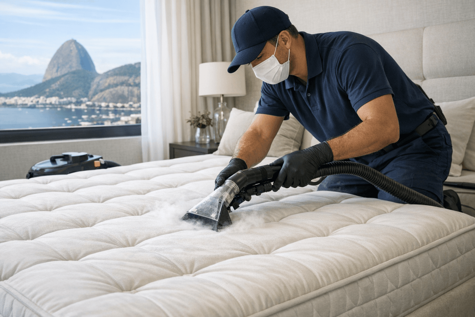 Profissional realizando higienização de colchão em quarto residencial no Rio de Janeiro