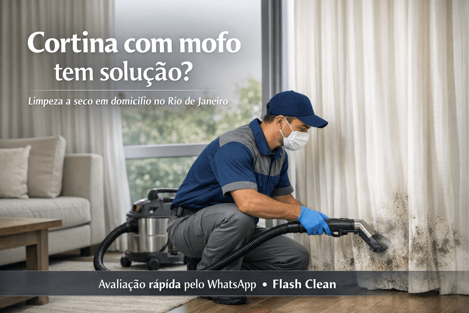 Profissional realizando limpeza a seco de cortina com sinais de mofo em sala residencial no Rio de Janeiro.