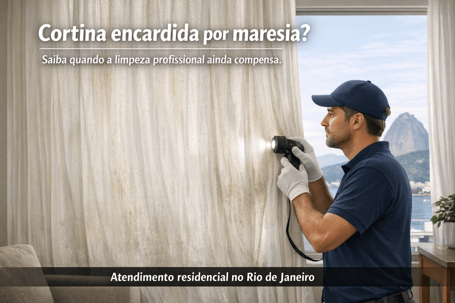 Profissional avaliando cortina encardida por maresia em apartamento no Rio de Janeiro