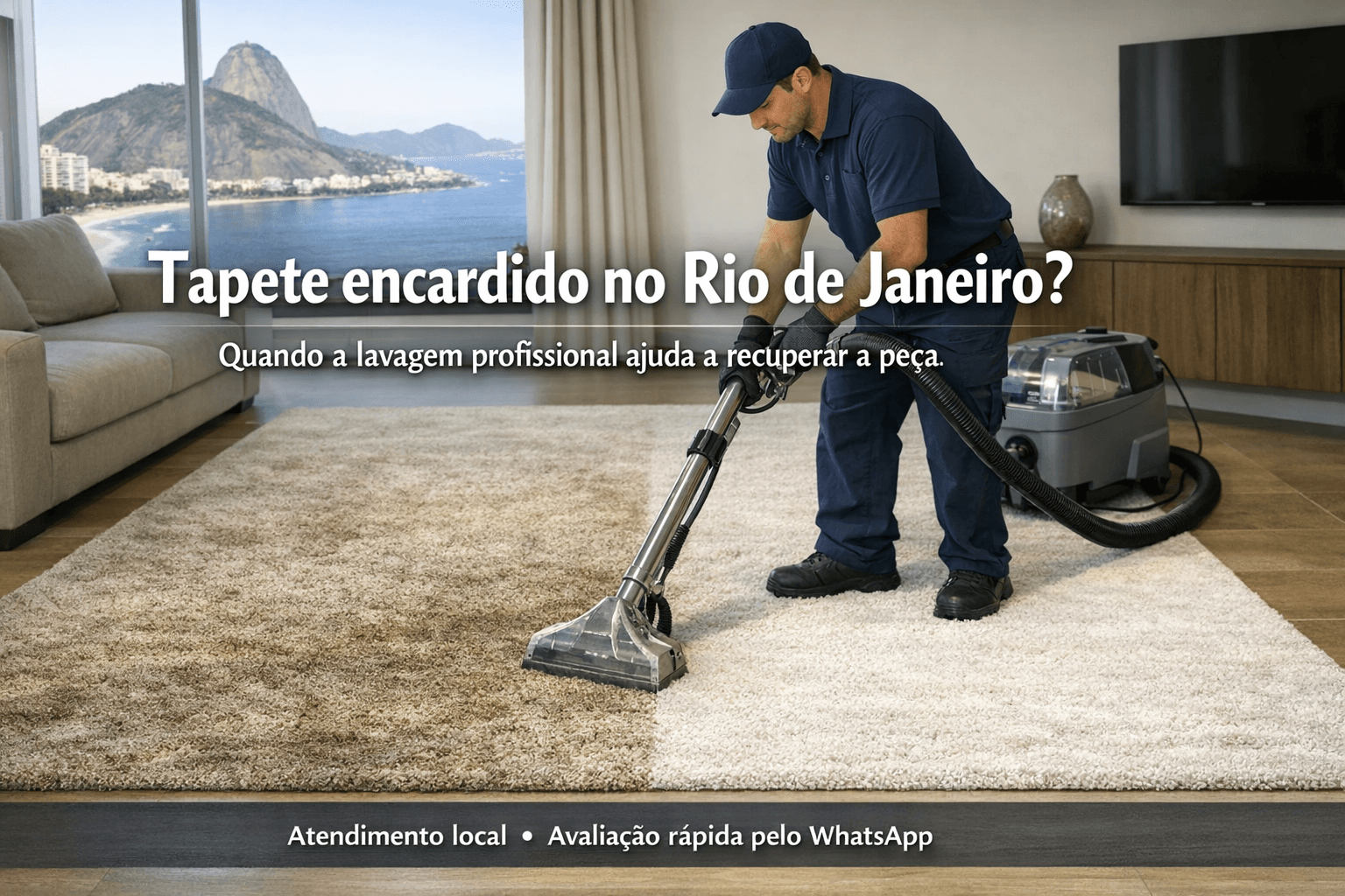 Profissional realizando lavagem de tapete encardido em sala residencial no Rio de Janeiro, com contraste entre área suja e área higienizada.
