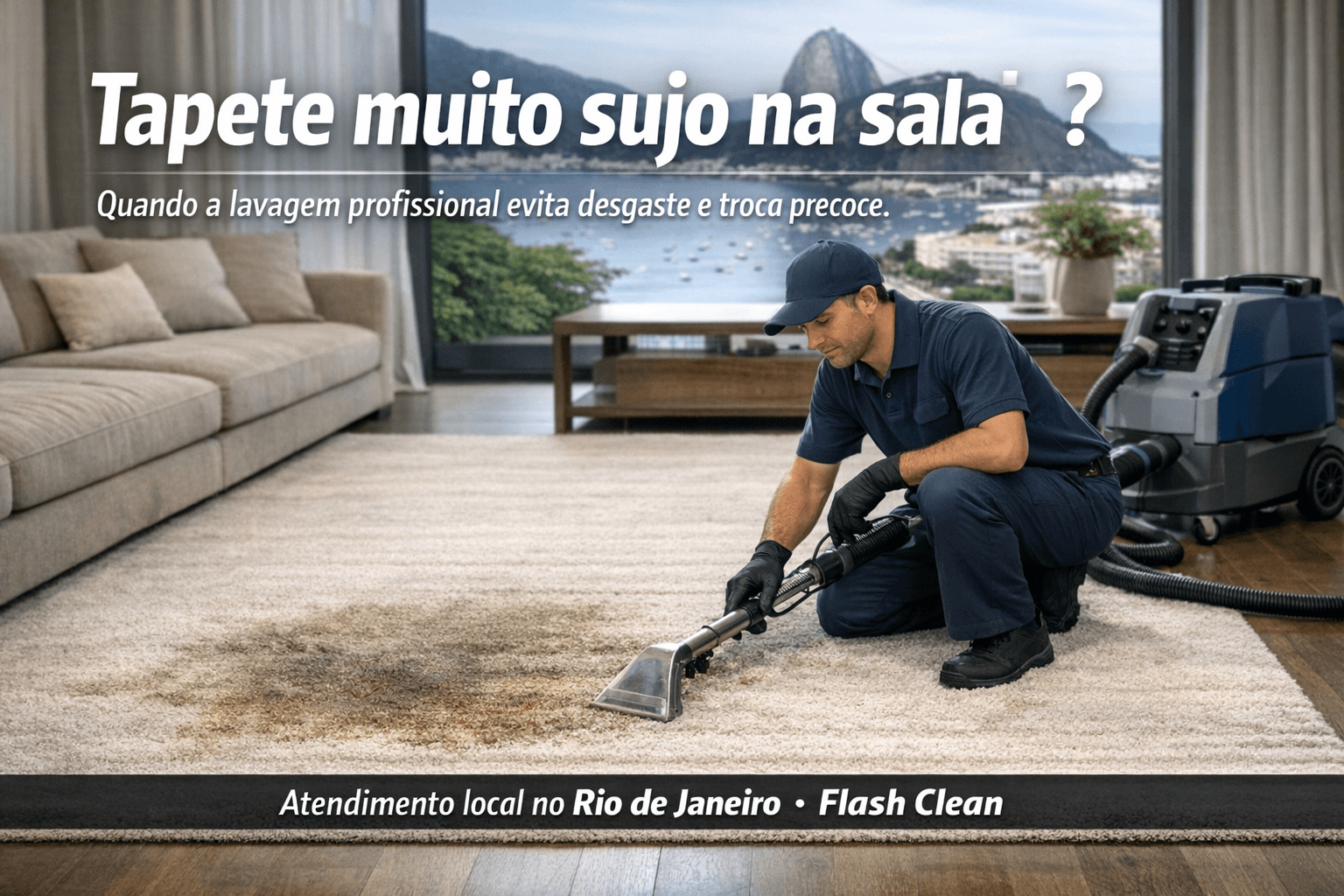 Profissional avaliando tapete muito sujo em sala residencial antes da lavagem e higienização no Rio de Janeiro.