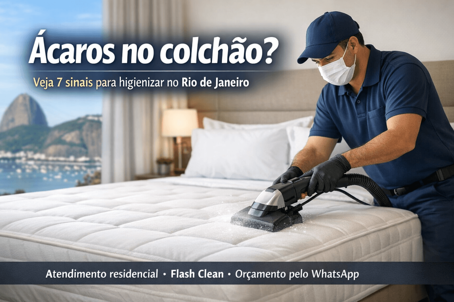 Profissional realizando higienização de colchão em quarto residencial no Rio de Janeiro para reduzir ácaros e odores.
