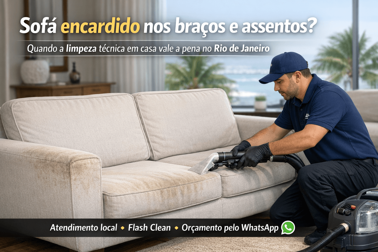 Técnico realizando limpeza profissional em sofá com braços e assentos encardidos em sala residencial no Rio de Janeiro.