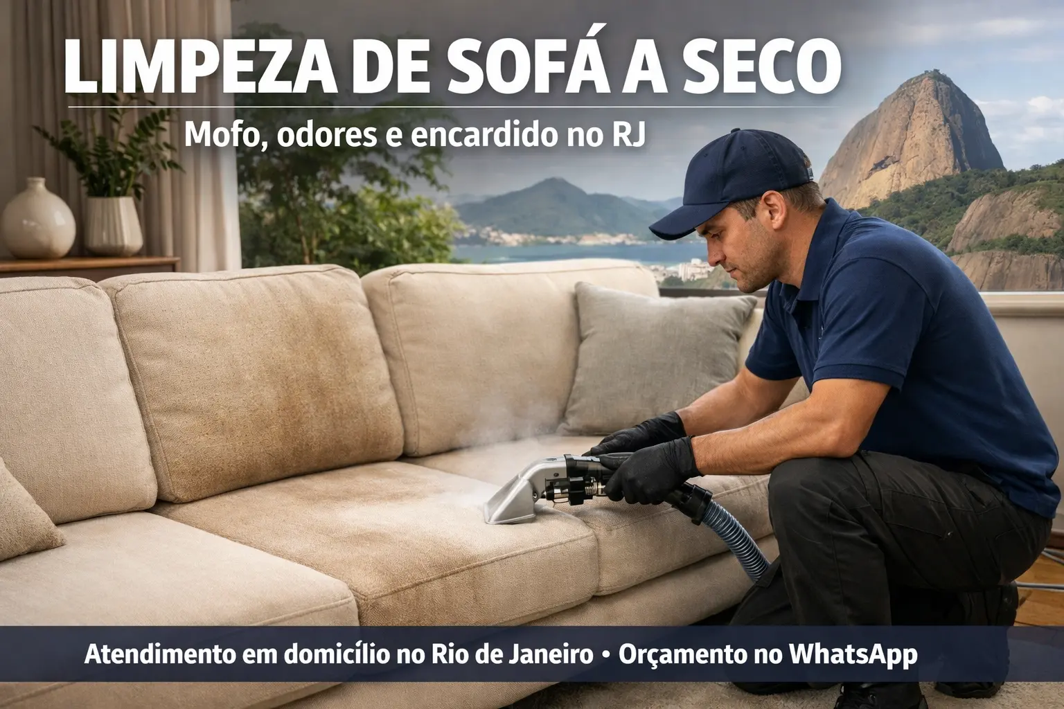 Profissional realizando limpeza de sofá a seco em domicílio no Rio, removendo mofo, odores e encardido do estofado.
