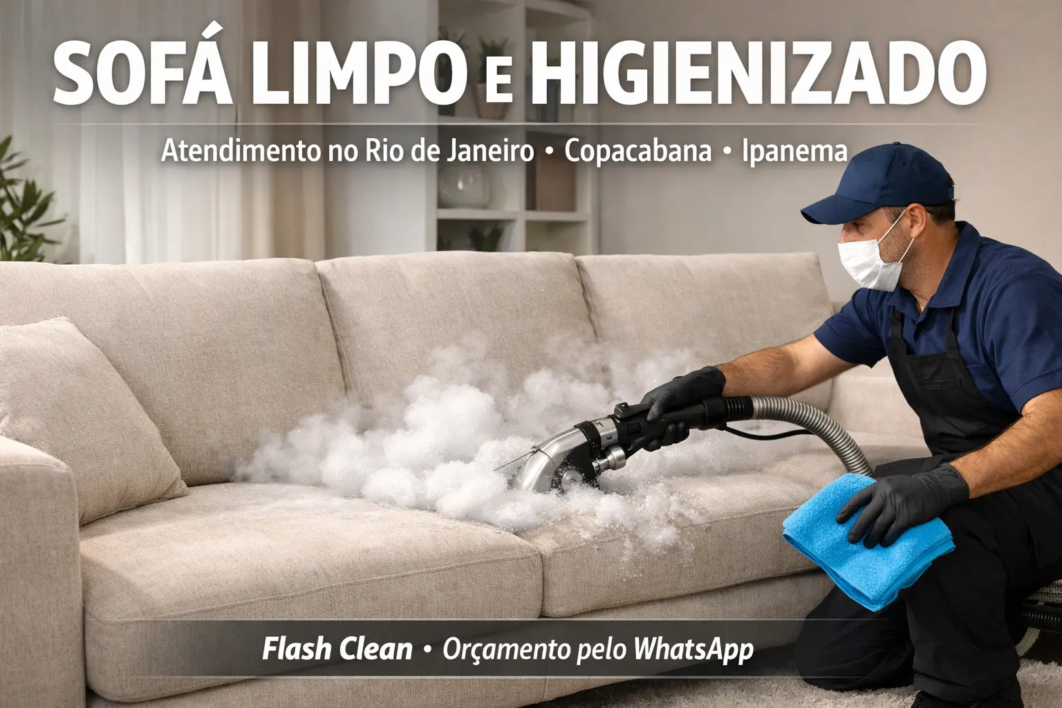 Profissional fazendo limpeza e higienização a seco em sofá residencial no Rio de Janeiro, com atendimento premium em domicílio.