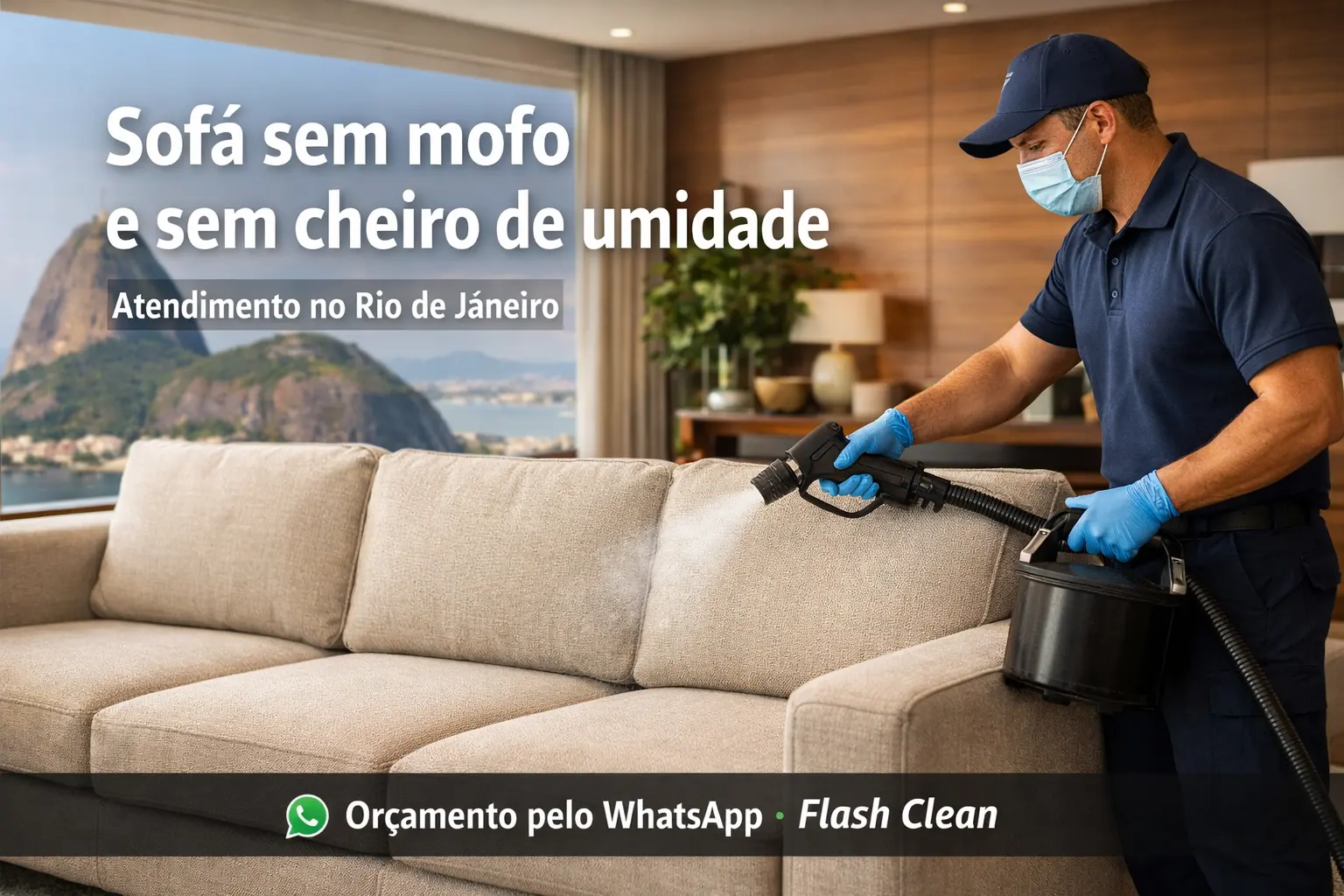 Profissional realizando limpeza de sofá a seco no Rio de Janeiro para remover mofo, odores e encardido