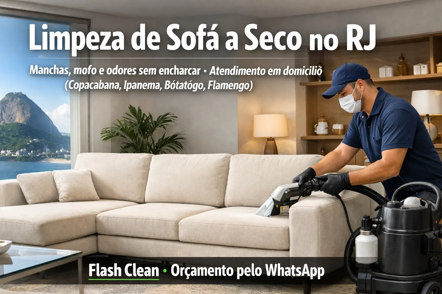 Profissional fazendo limpeza de sofá a seco no Rio de Janeiro, removendo manchas e odores sem encharcar o estofado.