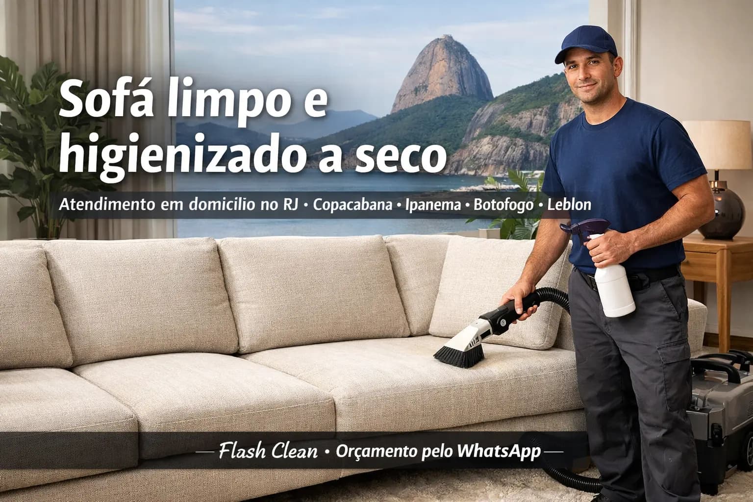 Profissional realizando limpeza a seco em sofá residencial no Rio de Janeiro, com aparência renovada e atendimento em domicílio.