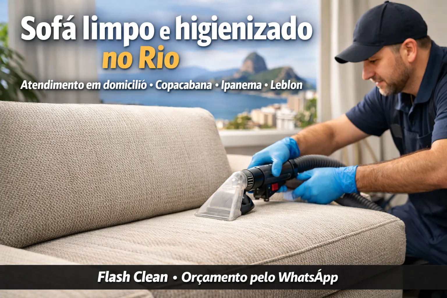 Profissional fazendo limpeza a seco e higienização de sofá em domicílio no Rio de Janeiro, com aparência renovada e atendimento premium.