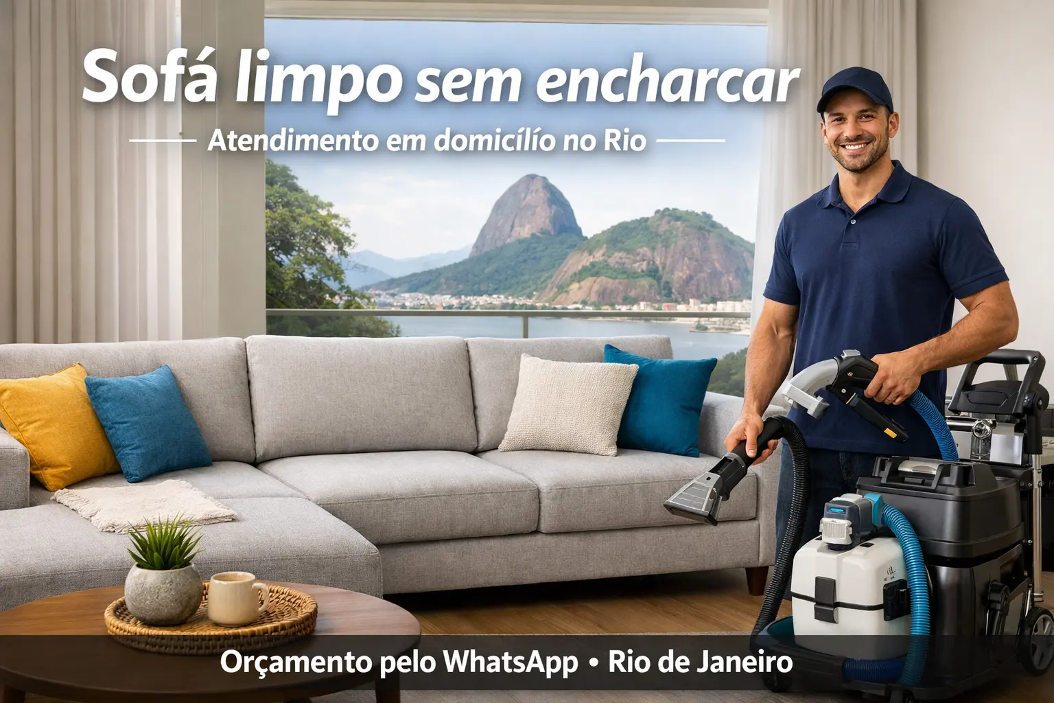 Profissional realizando limpeza a seco em sofá residencial no Rio de Janeiro, com aparência renovada e sem encharcar