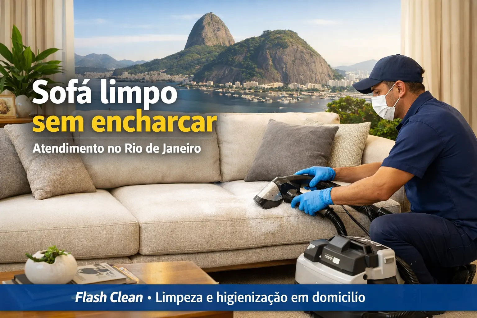 Profissional realizando limpeza de sofá a seco em domicílio no Rio de Janeiro, com foco em encardido e mau cheiro.