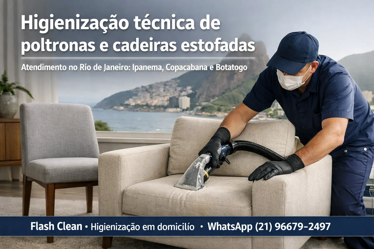 Profissional higienizando poltrona e cadeira estofada no Rio de Janeiro para remover encardido e odores
