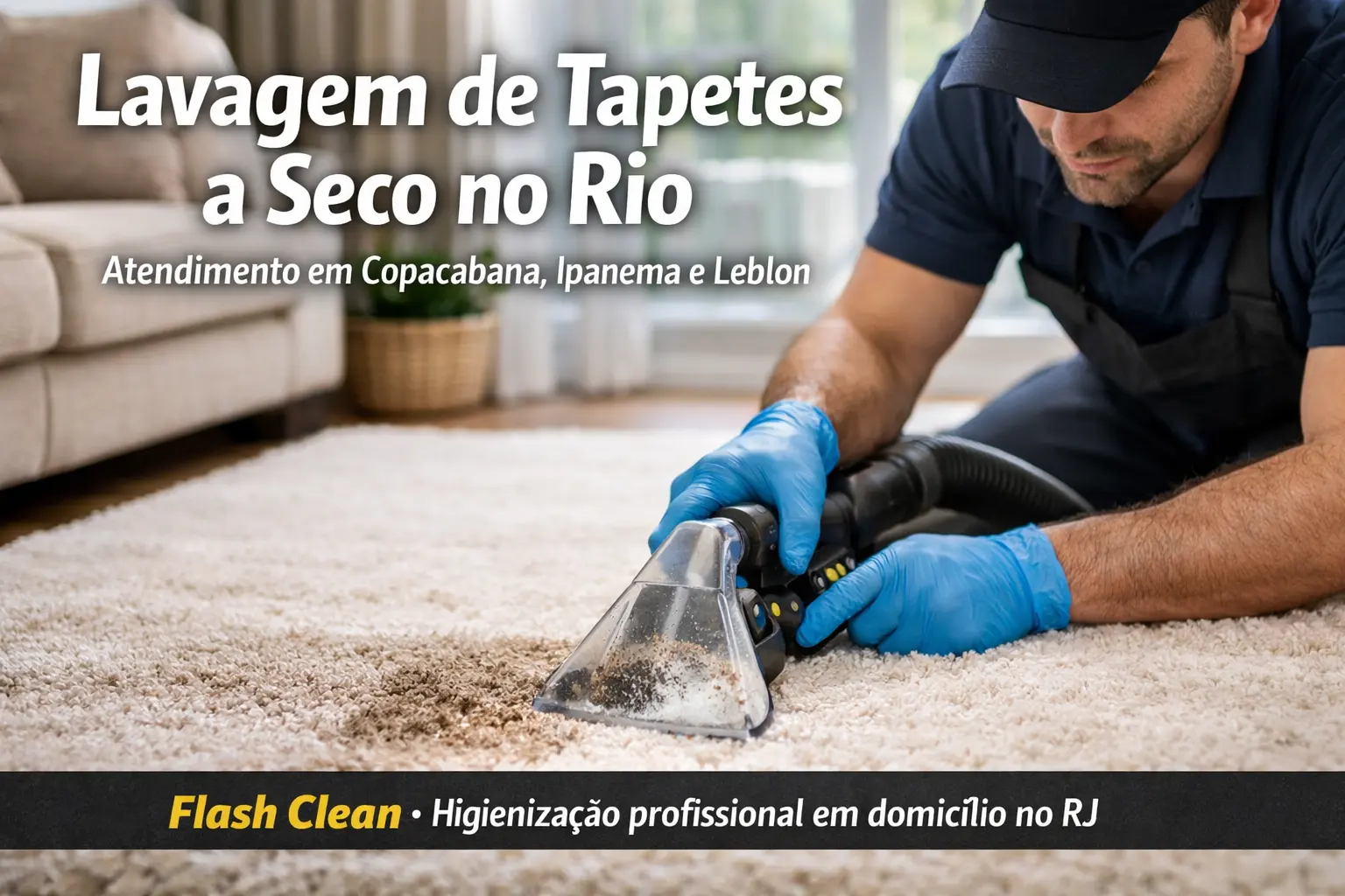 Tapete sendo higienizado a seco por profissional em sala no Rio de Janeiro, com foco em lavagem e remoção de encardido e odores.