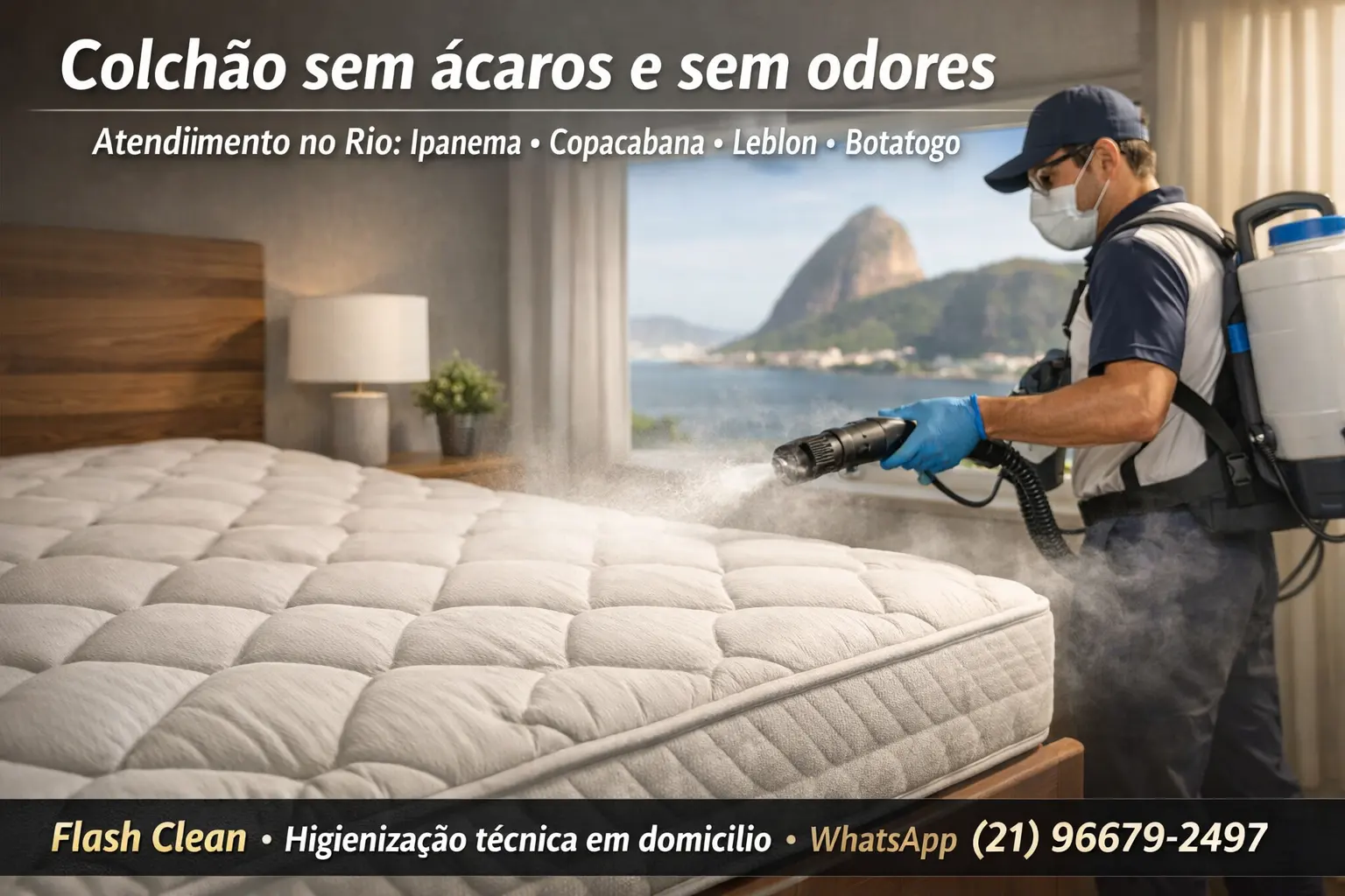 Profissional higienizando colchão no Rio de Janeiro para eliminar ácaros e odores, com atendimento em domicílio da Flash Clean.