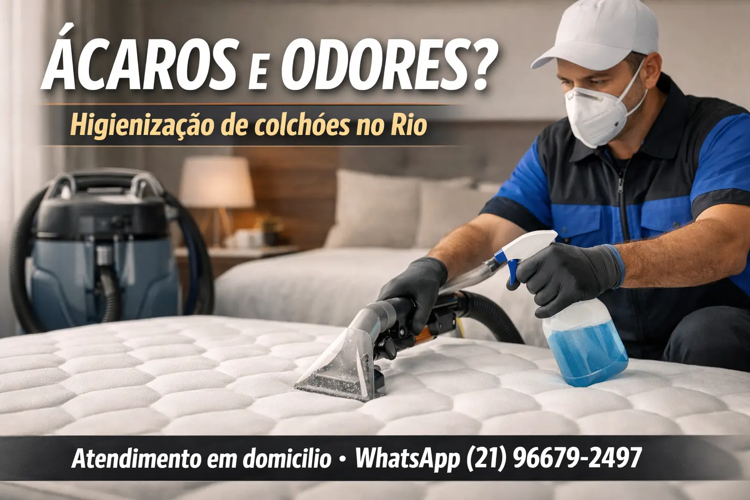 Profissional higienizando colchão em domicílio no Rio para reduzir ácaros e odores, com atendimento por WhatsApp.