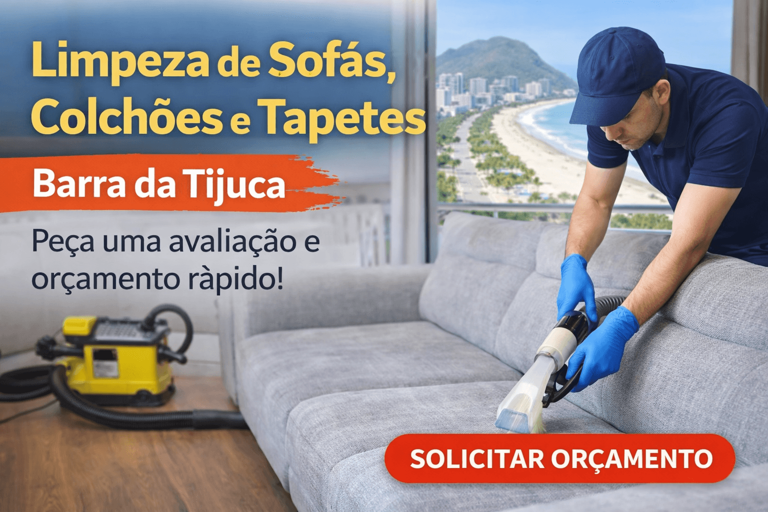Profissional realizando limpeza de sofá com equipamento de extração em apartamento na Barra da Tijuca, com vista para a praia ao fundo
