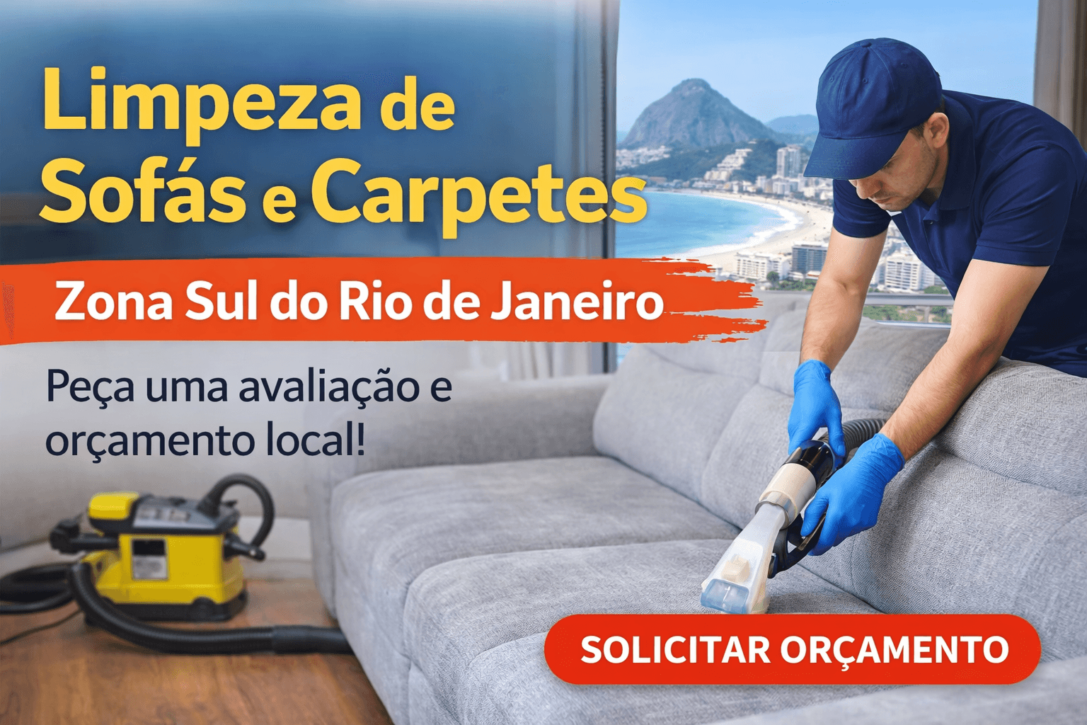 Imagem de profissional realizando limpeza de sofá com equipamento de extração em ambiente residencial na Zona Sul do Rio de Janeiro
